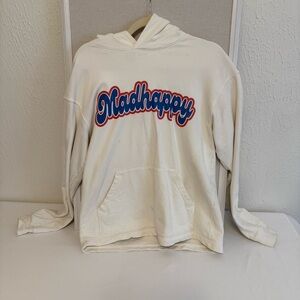 Madhappy Cream Hoodie with Blue and Red Logo and stitching